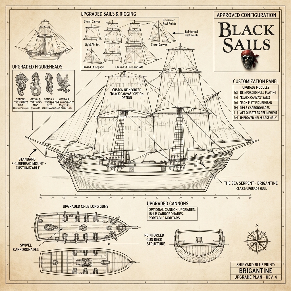 Shipyard blueprint of a brigantine, black canvas sails and reinforced hull