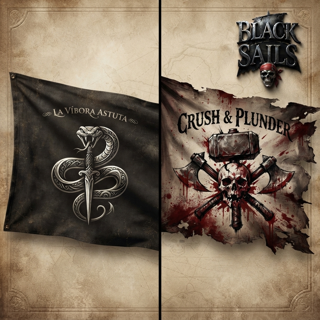 Two pirate flags: a silver viper and a bloodied skull under crossed axes