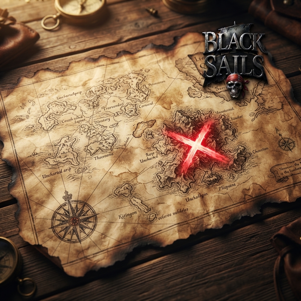 A burnt sea chart with a red X over an uncharted island