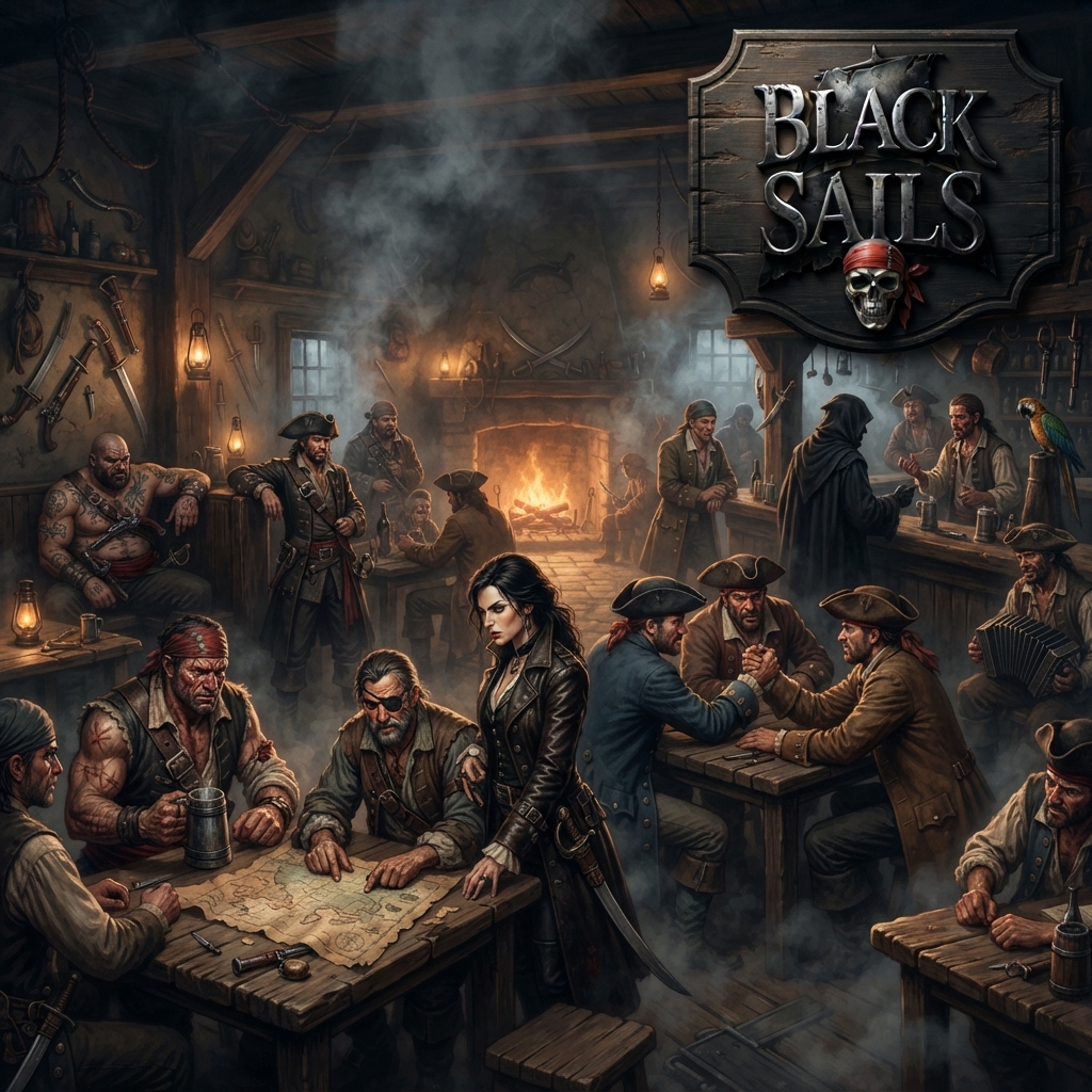 Pirates gathered in a smoky tavern around maps, mugs, and a fire